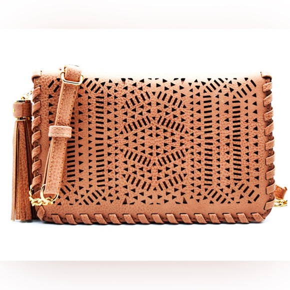 Madison West Unique Tan Laser-cut Flap Clutch Crossbody Bag with Tassel - Picture 1 of 12